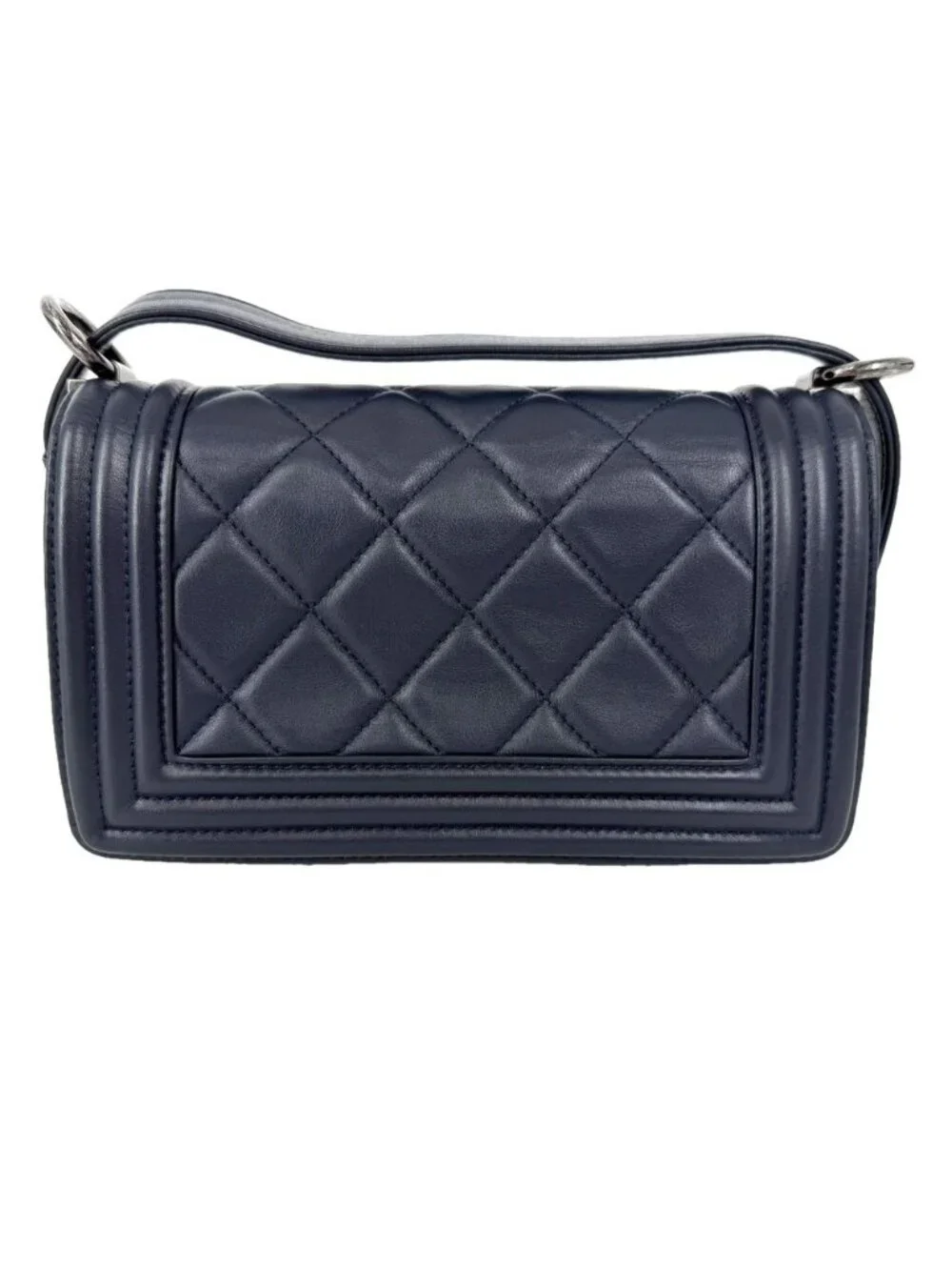 Chanel Shoulder Bag Quilted Boy Crossbody Lambskin Navy Silver